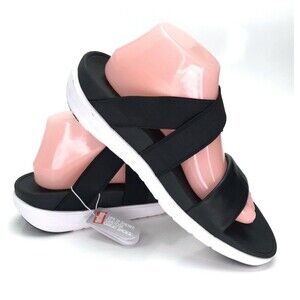 Fit Flop Women's 10 Black Leather Strappy Loosh Crossover Slides Sandal E89-001